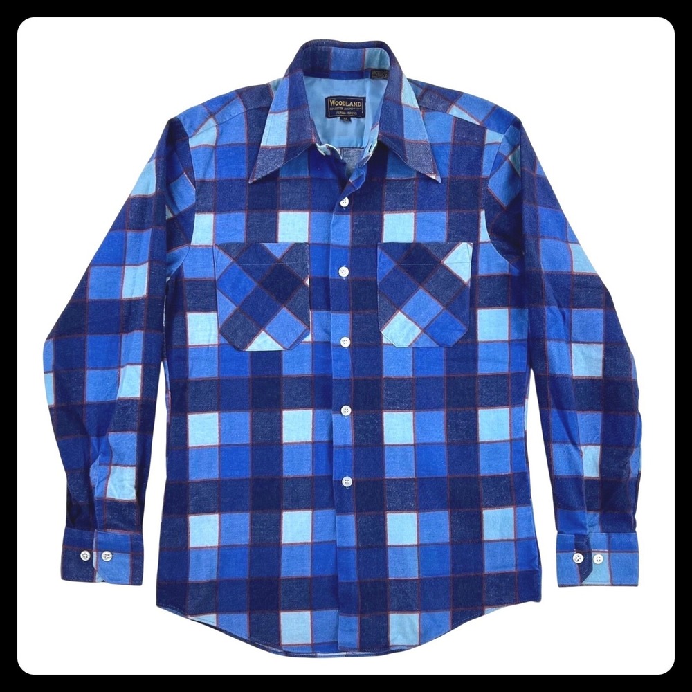 Vintage Woodland Plaid Flannel Shirt Men Small Blue Cotton Blend Perma-Press 70s